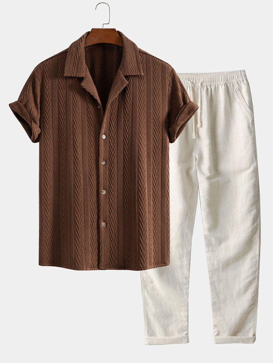 Texture Jacquard Cuban Shirt & Straight Leg Linen Pants-HOOOYI