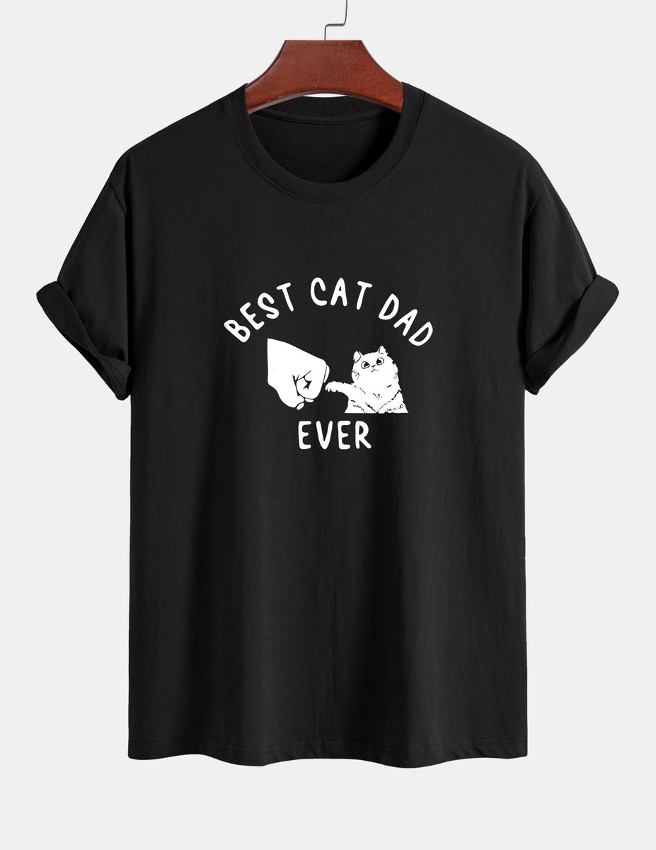 Regular Fit Best Cat Dad Ever Print Cotton T-shirt-hoooyi