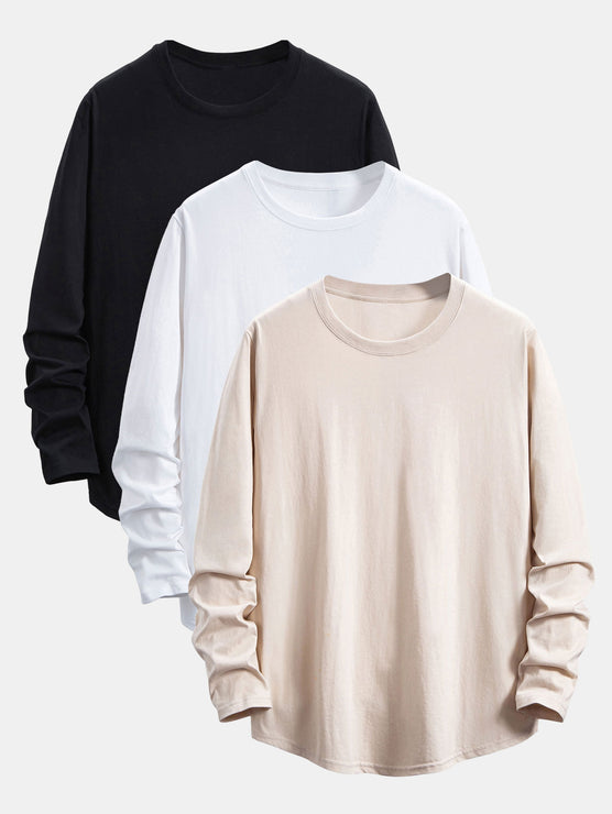 3 Pieces Basic Long Sleeve Cotton Arc Hem T-Shirts