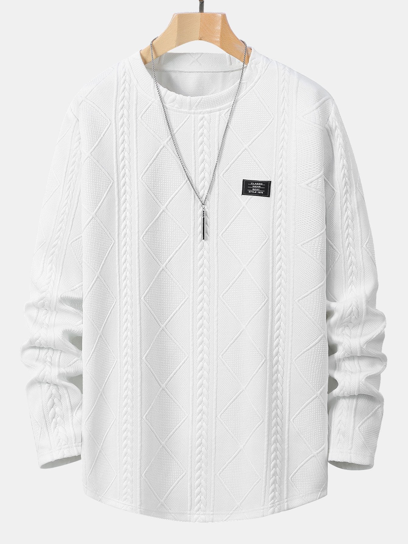 Long Sleeve Geometric T-Shirt-HOOOYI Jacquard Arc Hem