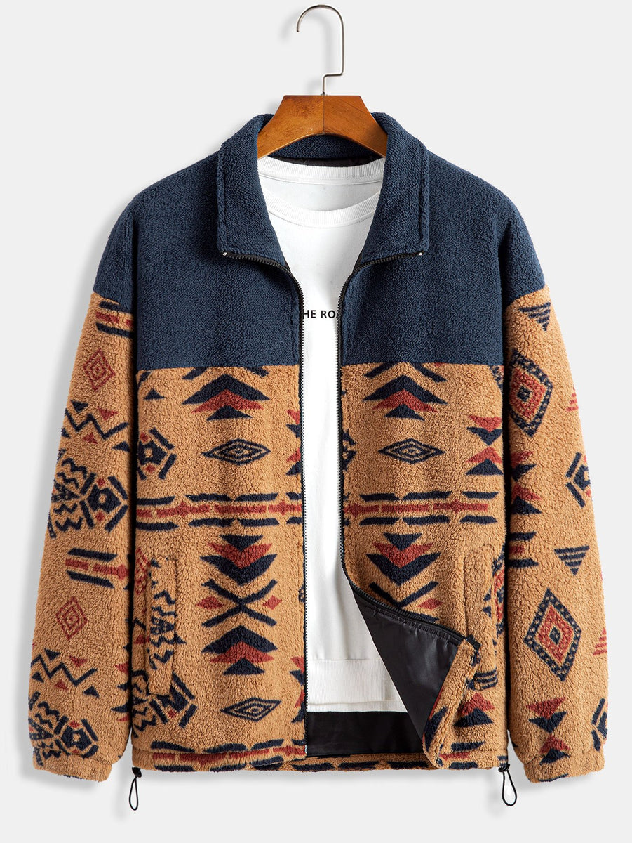 Aztec Print Patchwork Teddy Fleece Coat-HOOOYI