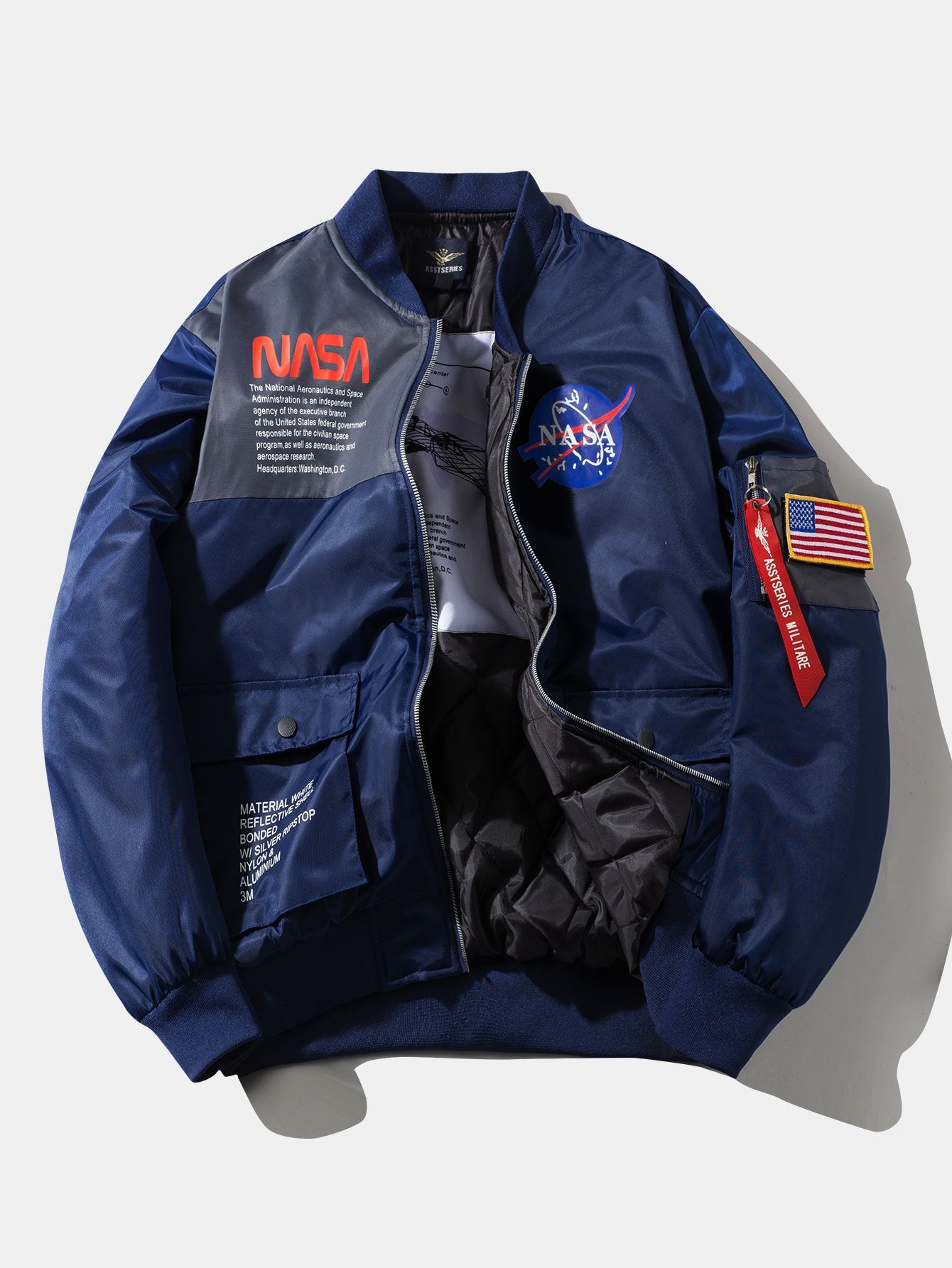 Oversized Quilted Lined NASA Print Bomber Jacket-HOOOYI